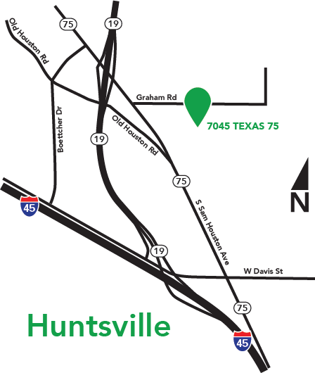 Tri County's Huntsville location illustrated with a map graphic - 7045 Texas 75.