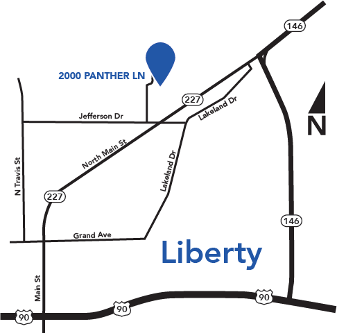 Tri County's Liberty location illustrated with a map graphic - 2000 Panther Lane.