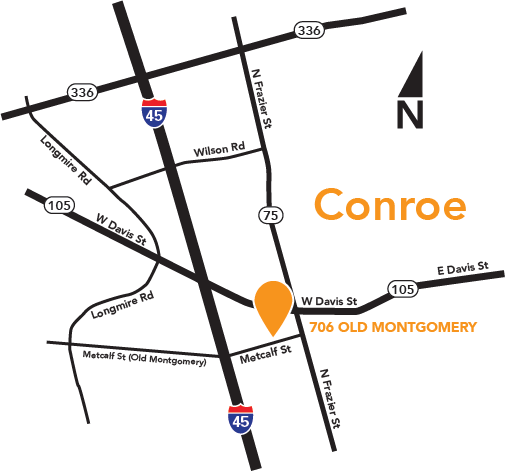 Tri County's Conroe PET location illustrated with a map graphic - 706 Old Montgomery.
