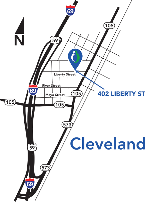 Tri County's Cleveland location illustrated with a map graphic - 402 Liberty Street.